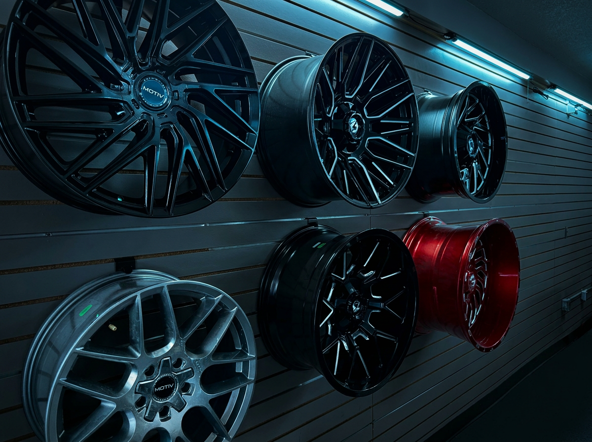 Wall of custom alloy wheels on display at KC Tire & Auto
